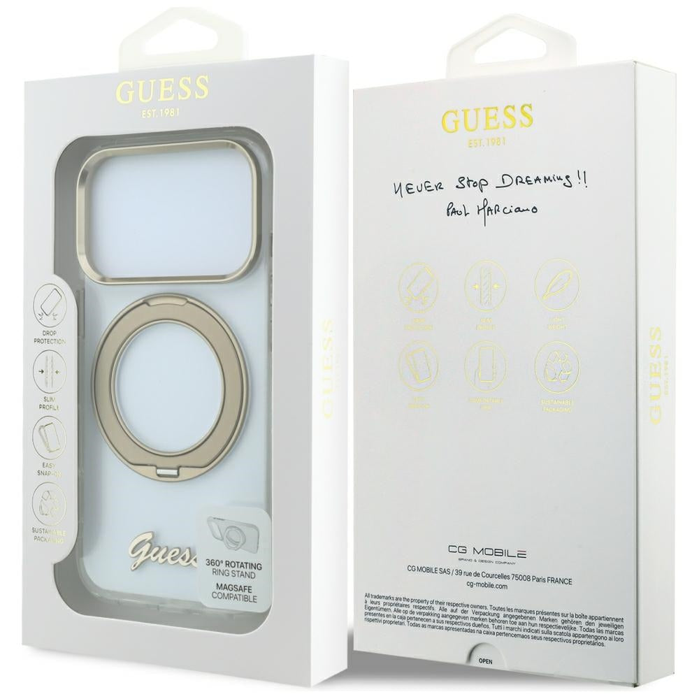 Θήκη MagSafe για Apple iPhone 18 Pro Max / 17 Pro Max, Guess, Ring Stand Script Metal Logo, Διαφανής