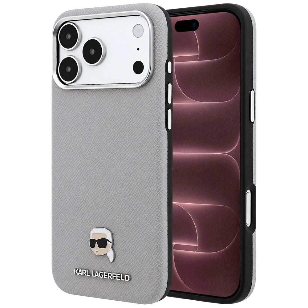 MagSafe Case for Apple iPhone 18 Pro Max / 17 Pro Max, Karl Lagerfeld, Grained Karl Head's Metal, Gray