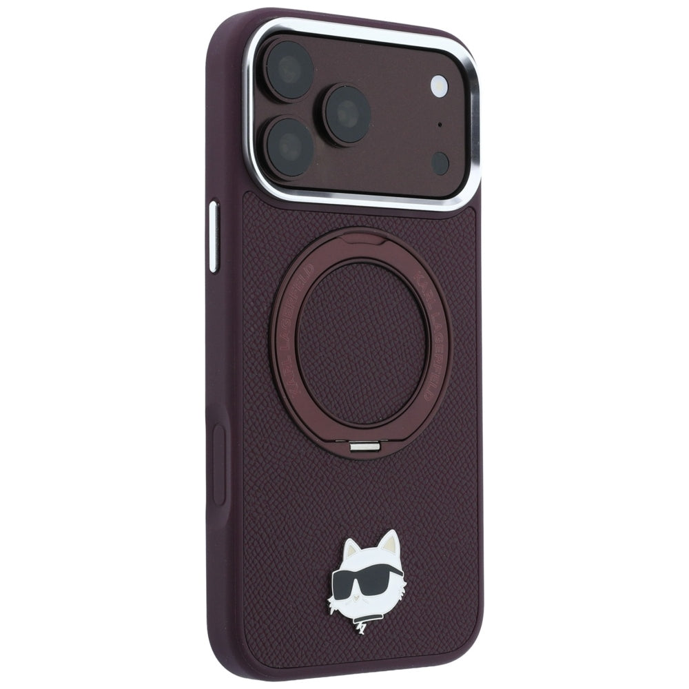 Θήκη MagSafe για Apple iPhone 18 Pro Max / 17 Pro Max, Karl Lagerfeld, Saffiano Ring Stand 360 Choupette Pin, Βυσσινί