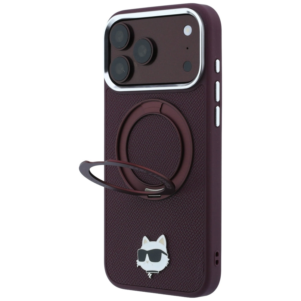 Θήκη MagSafe για Apple iPhone 18 Pro Max / 17 Pro Max, Karl Lagerfeld, Saffiano Ring Stand 360 Choupette Pin, Βυσσινί