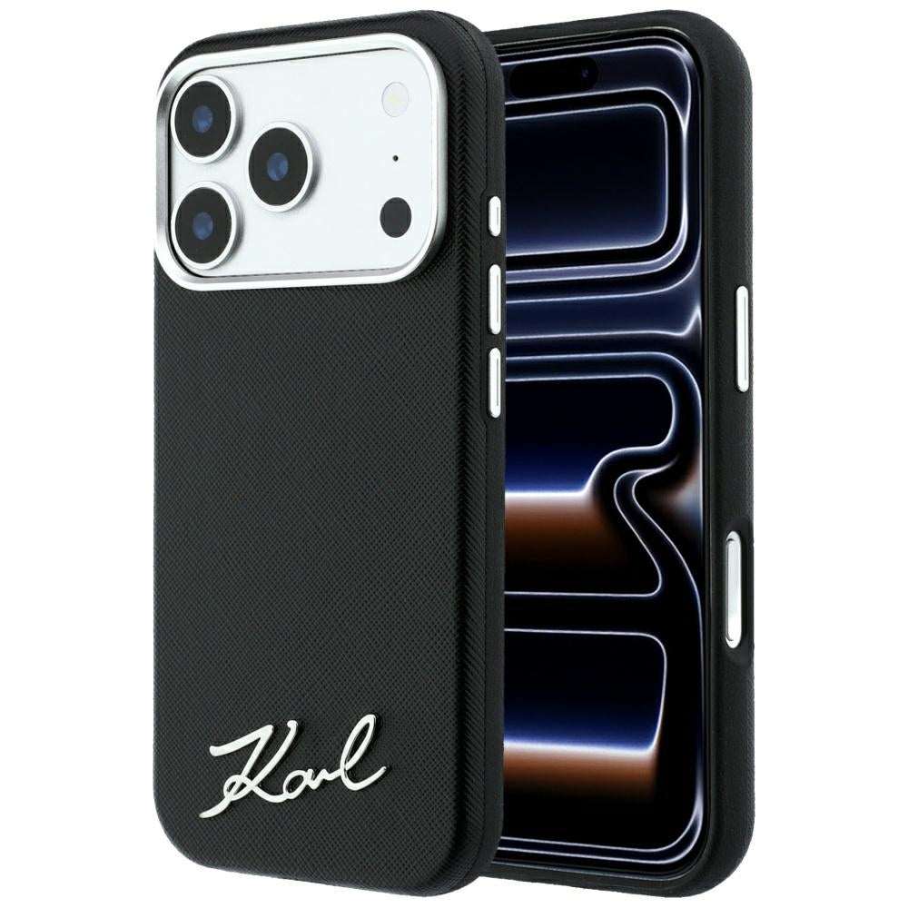 Θήκη MagSafe για Apple iPhone 18 Pro Max / 17 Pro Max, Karl Lagerfeld, Saffiano Small Script Metal Logo, Μαύρη