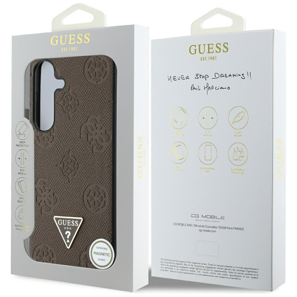 Θήκη MagSafe για Samsung Galaxy S25 S931, Guess, Peony Grained Hot Stamp Triangle, Καφέ