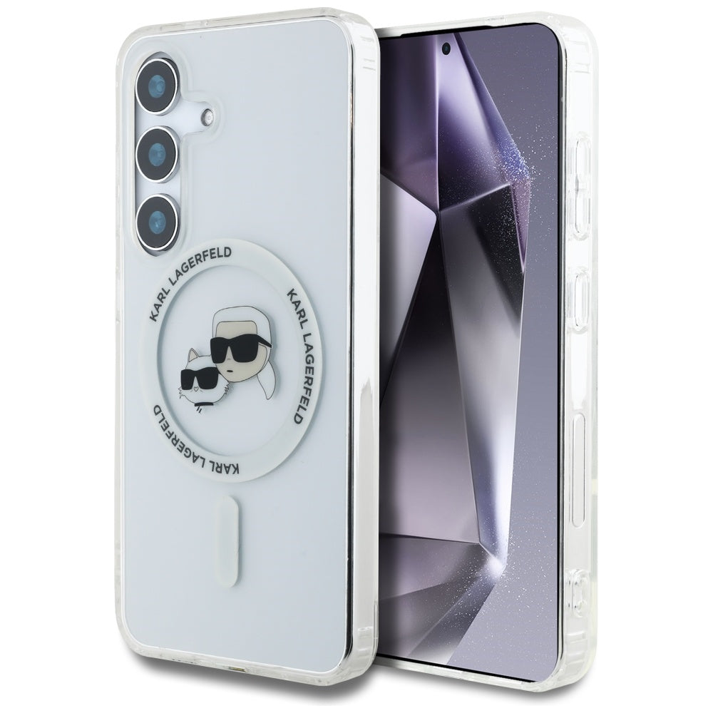 Θήκη MagSafe για Samsung Galaxy S25 S931, Karl Lagerfeld, IML Metal Karl & Choupette's Heads, Λευκή.