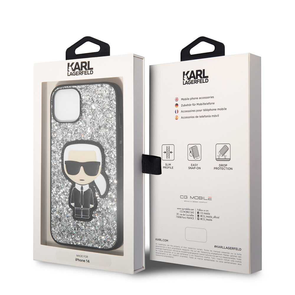 Θήκη για Apple iPhone 14, Karl Lagerfeld, Glitter Flakes Ikonik Karl, Ασημί