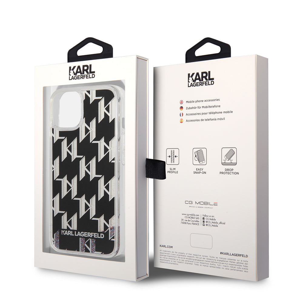 Case for Apple iPhone 14, Karl Lagerfeld, Liquid Glitter Monogram, Black