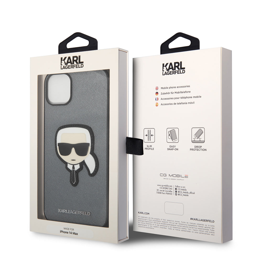 Case for Apple iPhone 14 Plus, Karl Lagerfeld, Saffiano Karl's Head, Silver