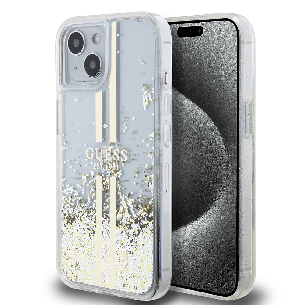 Θήκη για Apple iPhone 15, Guess, Liquid Glitter Gold Stripes, Διαφανής