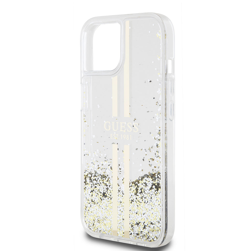 Θήκη για Apple iPhone 15, Guess, Liquid Glitter Gold Stripes, Διαφανής