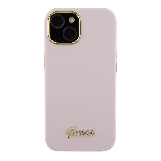 Case for Apple iPhone 15, Guess, Script Metal Logo & Frame, Light Pink