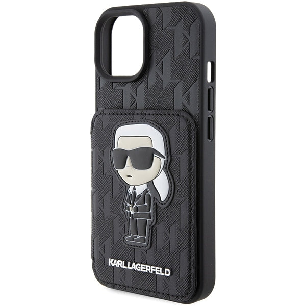 Θήκη για Apple iPhone 15, Karl Lagerfeld, Saffiano Cardslots and Stand Monogram Ikonik Karl, Μαύρη