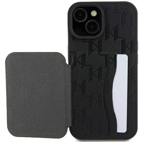 Θήκη για Apple iPhone 15, Karl Lagerfeld, Saffiano Cardslots and Stand Monogram Ikonik Karl, Μαύρη