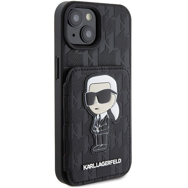 Θήκη για Apple iPhone 15, Karl Lagerfeld, Saffiano Cardslots and Stand Monogram Ikonik Karl, Μαύρη