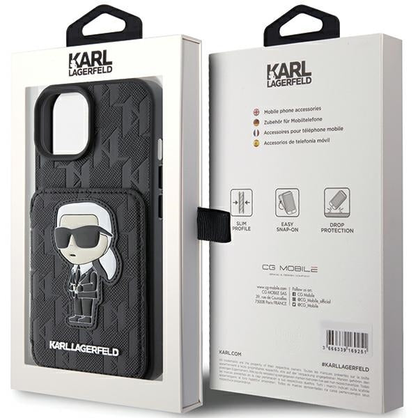 Θήκη για Apple iPhone 15, Karl Lagerfeld, Saffiano Cardslots and Stand Monogram Ikonik Karl, Μαύρη