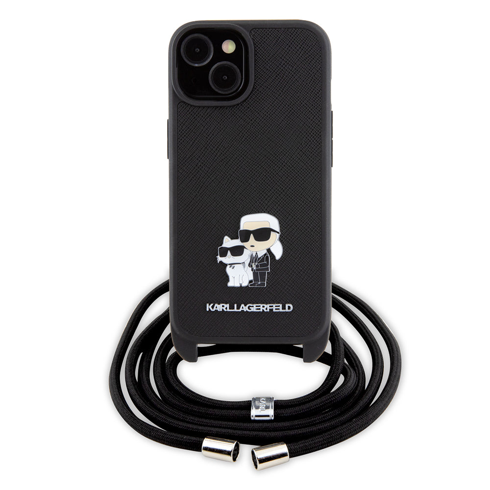 Case for Apple iPhone 15, Karl Lagerfeld, Saffiano Crossbody Metal Pin Karl & Choupette, Black