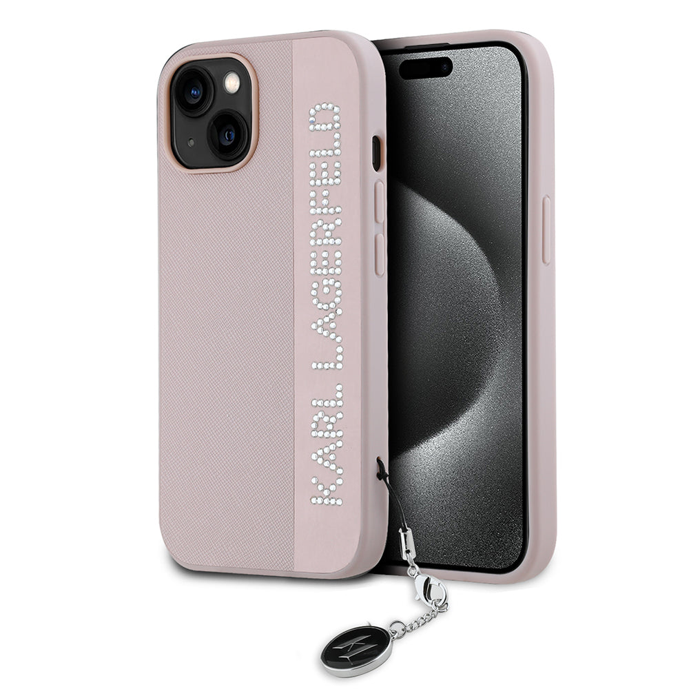 Θήκη για Apple iPhone 15, Karl Lagerfeld, Saffiano Rhinestones & Charm, Ροζ