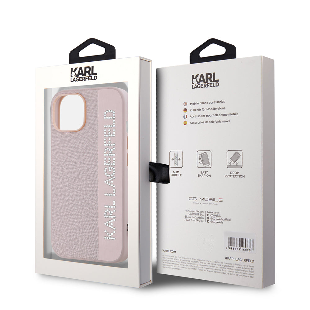Θήκη για Apple iPhone 15, Karl Lagerfeld, Saffiano Rhinestones & Charm, Ροζ
