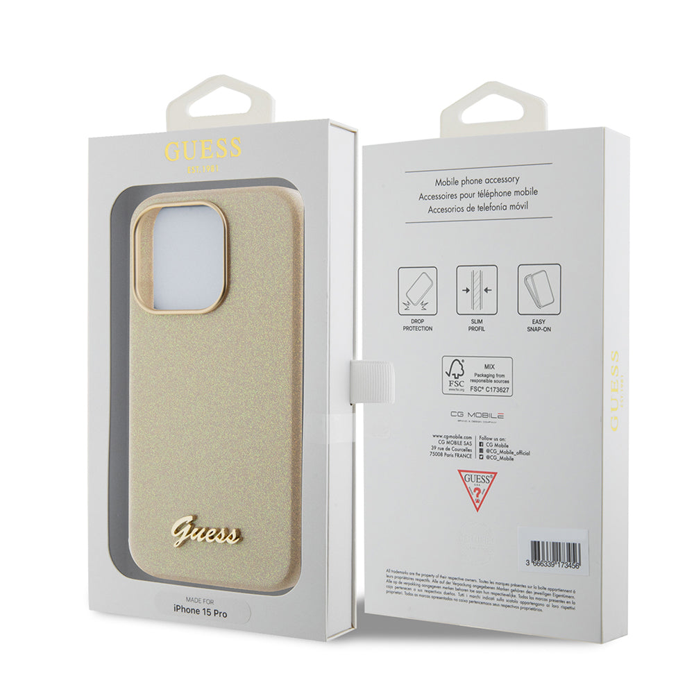 Θήκη για Apple iPhone 15 Pro, Guess, Glitter Glossy Script, Μπεζ