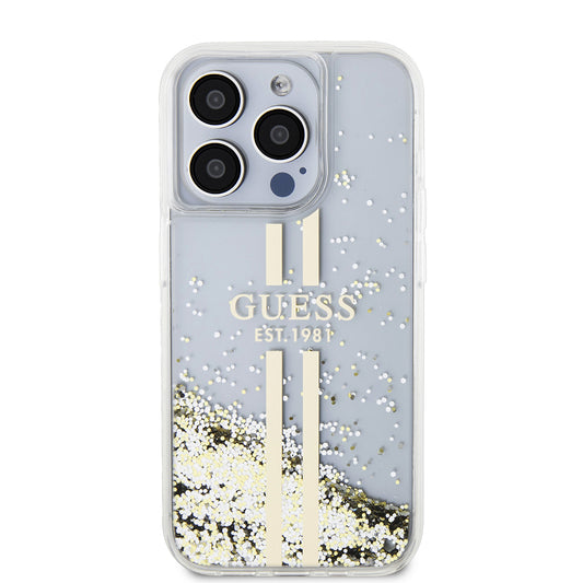 Case for Apple iPhone 15 Pro, Guess, Liquid Glitter Gold Stripes, Transparent
