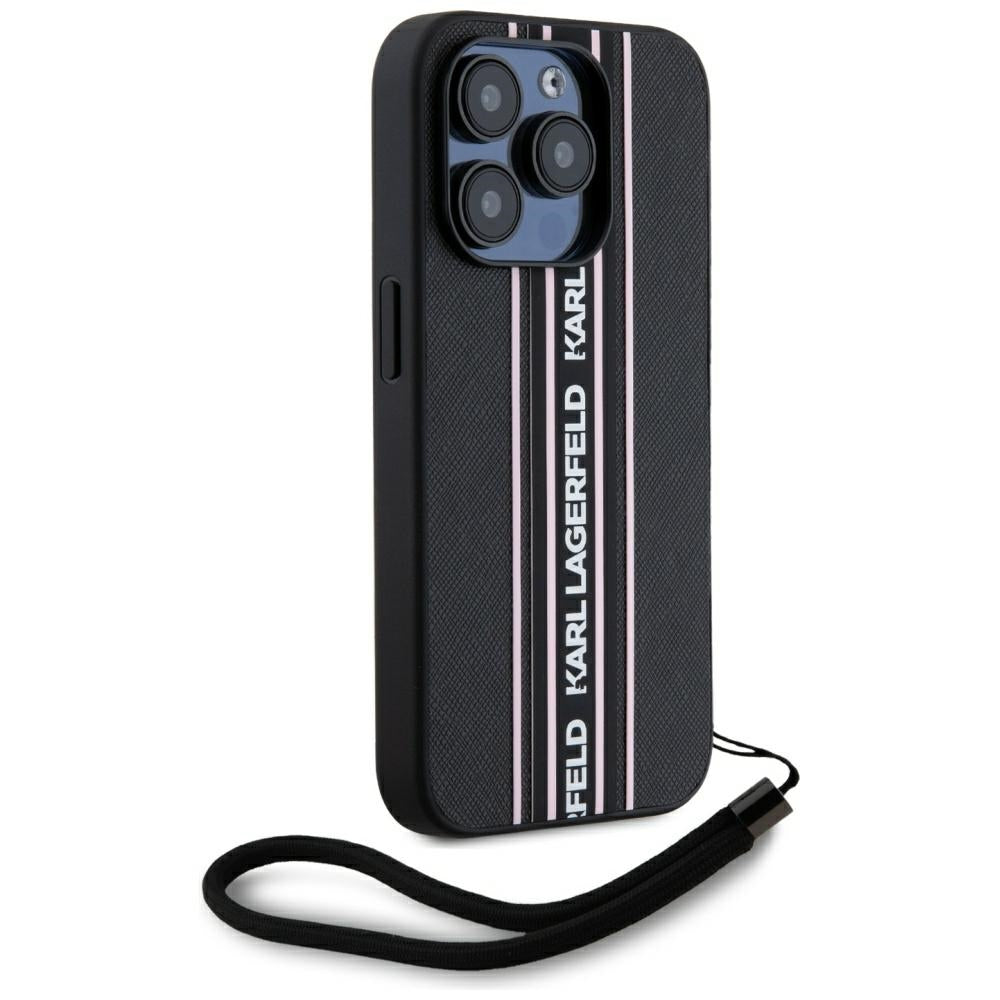 Case for Apple iPhone 15 Pro, Karl Lagerfeld, Saffiano Athleisure Stripes with Strap, Pink