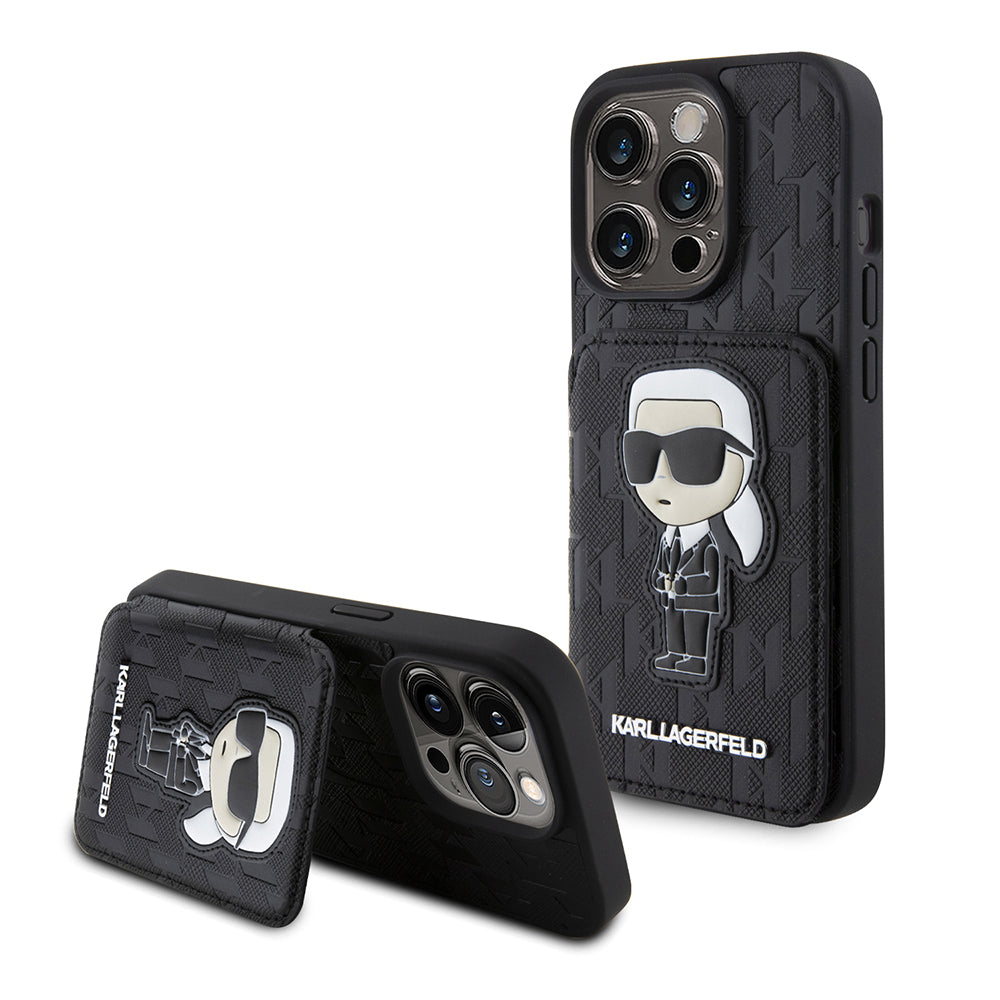 Θήκη για Apple iPhone 15 Pro, Karl Lagerfeld, Saffiano Cardslots and Stand Monogram Ikonik Karl, Μαύρη