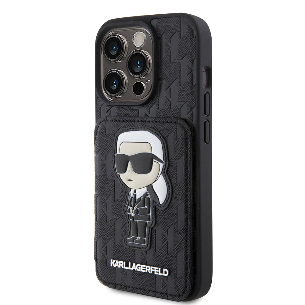 Θήκη για Apple iPhone 15 Pro, Karl Lagerfeld, Saffiano Cardslots and Stand Monogram Ikonik Karl, Μαύρη