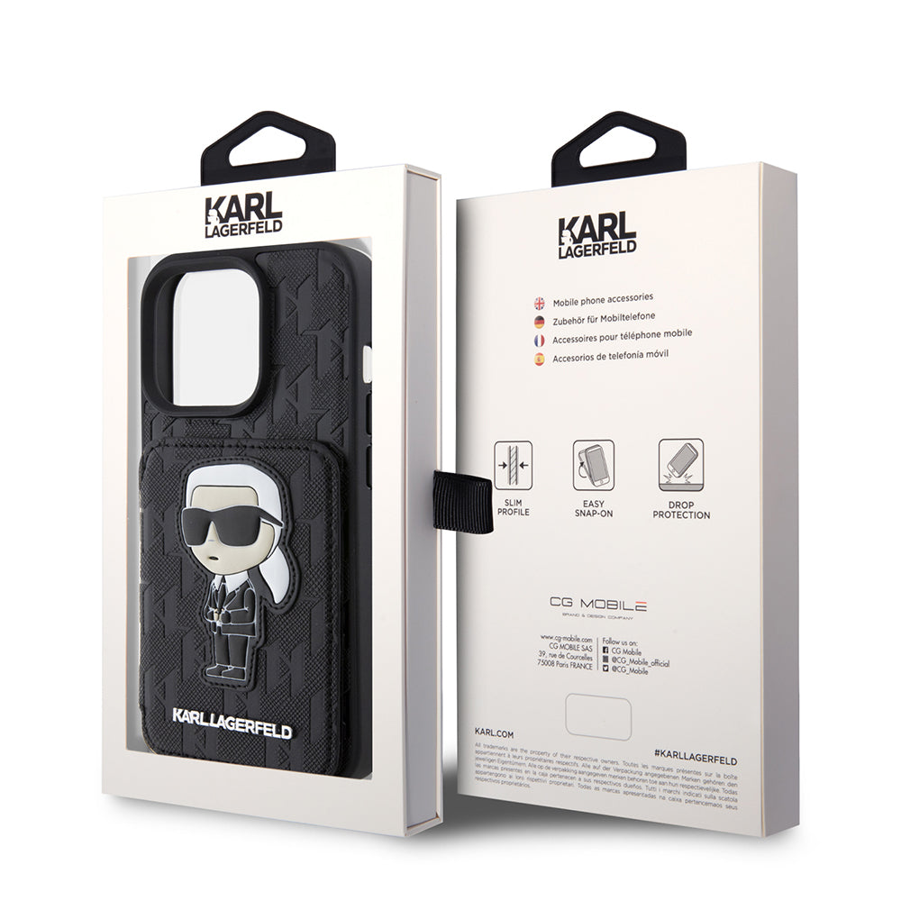 Θήκη για Apple iPhone 15 Pro, Karl Lagerfeld, Saffiano Cardslots and Stand Monogram Ikonik Karl, Μαύρη