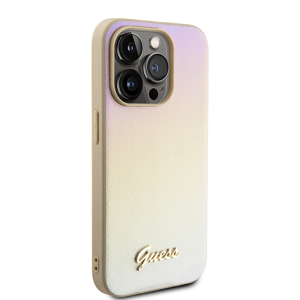 Case for Apple iPhone 15 Pro Max, Guess, Saffiano Iridescent Script, Gold