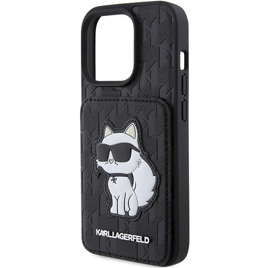 Θήκη για Apple iPhone 15 Pro Max, Karl Lagerfeld, Saffiano Cardslots and Stand Monogram Choupette, Μαύρη