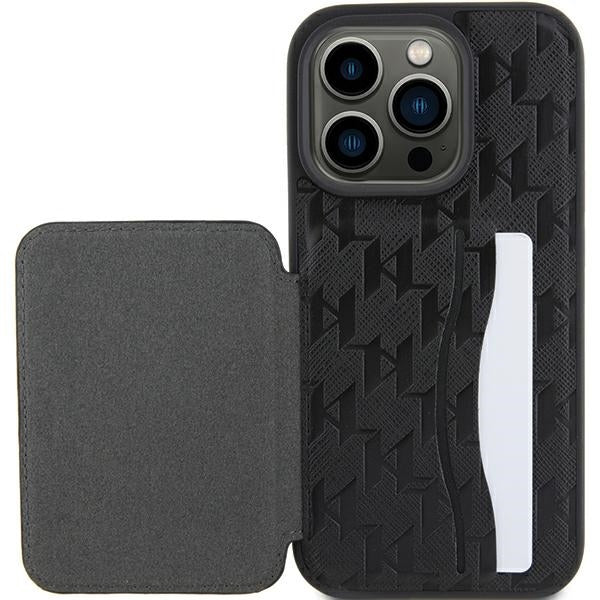 Θήκη για Apple iPhone 15 Pro Max, Karl Lagerfeld, Saffiano Cardslots and Stand Monogram Ikonik Karl, Μαύρη