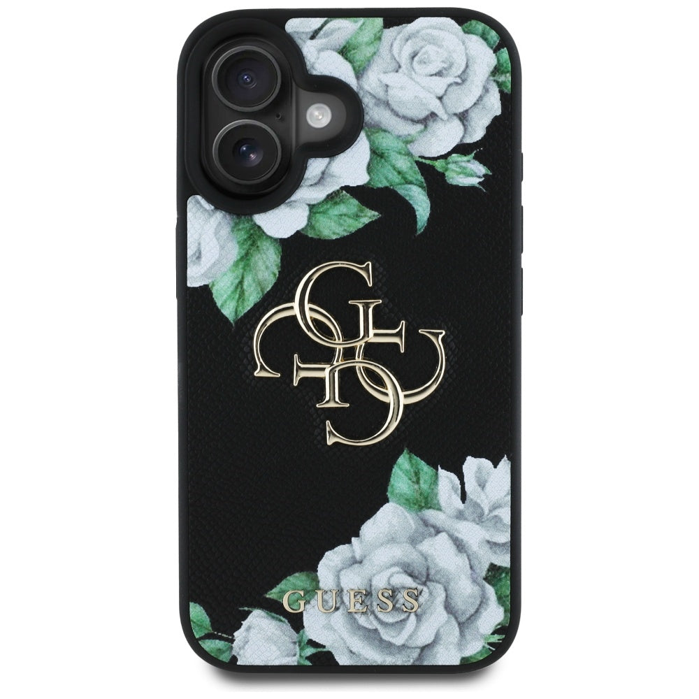 Θήκη για Apple iPhone 16, Guess, 4G Grained Roses Big Logo, Μαύρη