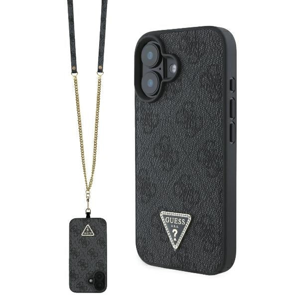 Θήκη για Apple iPhone 16, Guess, Crossbody 4G Triangle Strass, Μαύρη