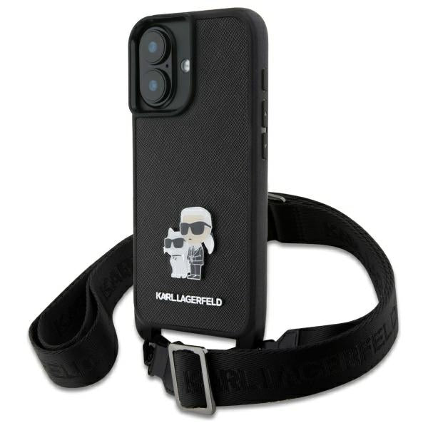 Θήκη για Apple iPhone 16, Karl Lagerfeld, Saffiano Crossbody Metal Pin Karl & Choupette, Λευκή