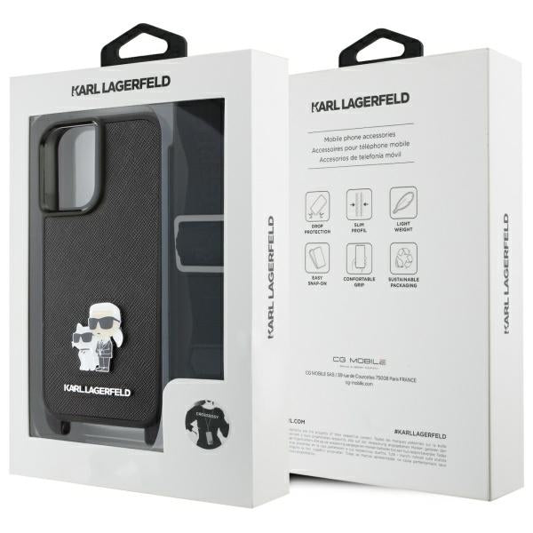 Θήκη για Apple iPhone 16, Karl Lagerfeld, Saffiano Crossbody Metal Pin Karl & Choupette, Λευκή
