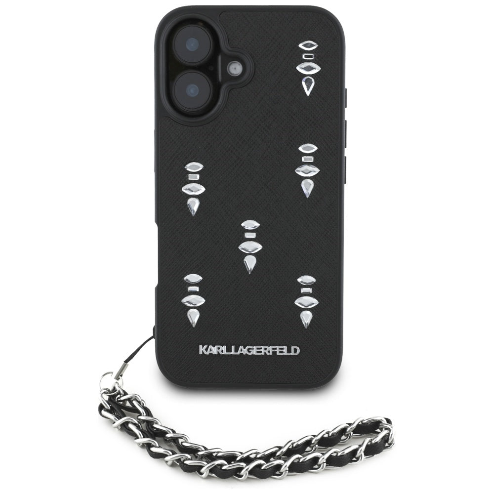 Θήκη για Apple iPhone 16, Karl Lagerfeld, Saffiano Crystals & Charm, Μαύρη