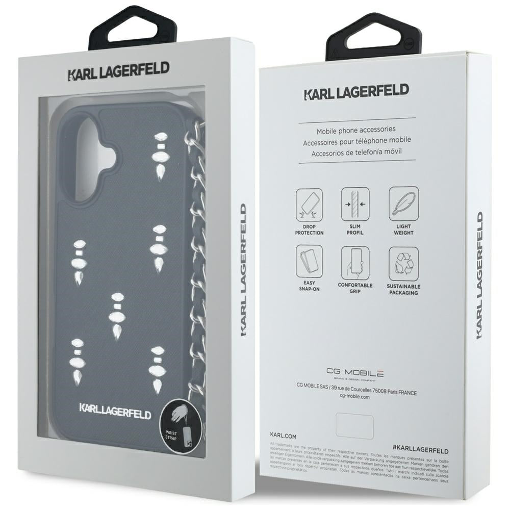 Θήκη για Apple iPhone 16, Karl Lagerfeld, Saffiano Crystals & Charm, Μαύρη