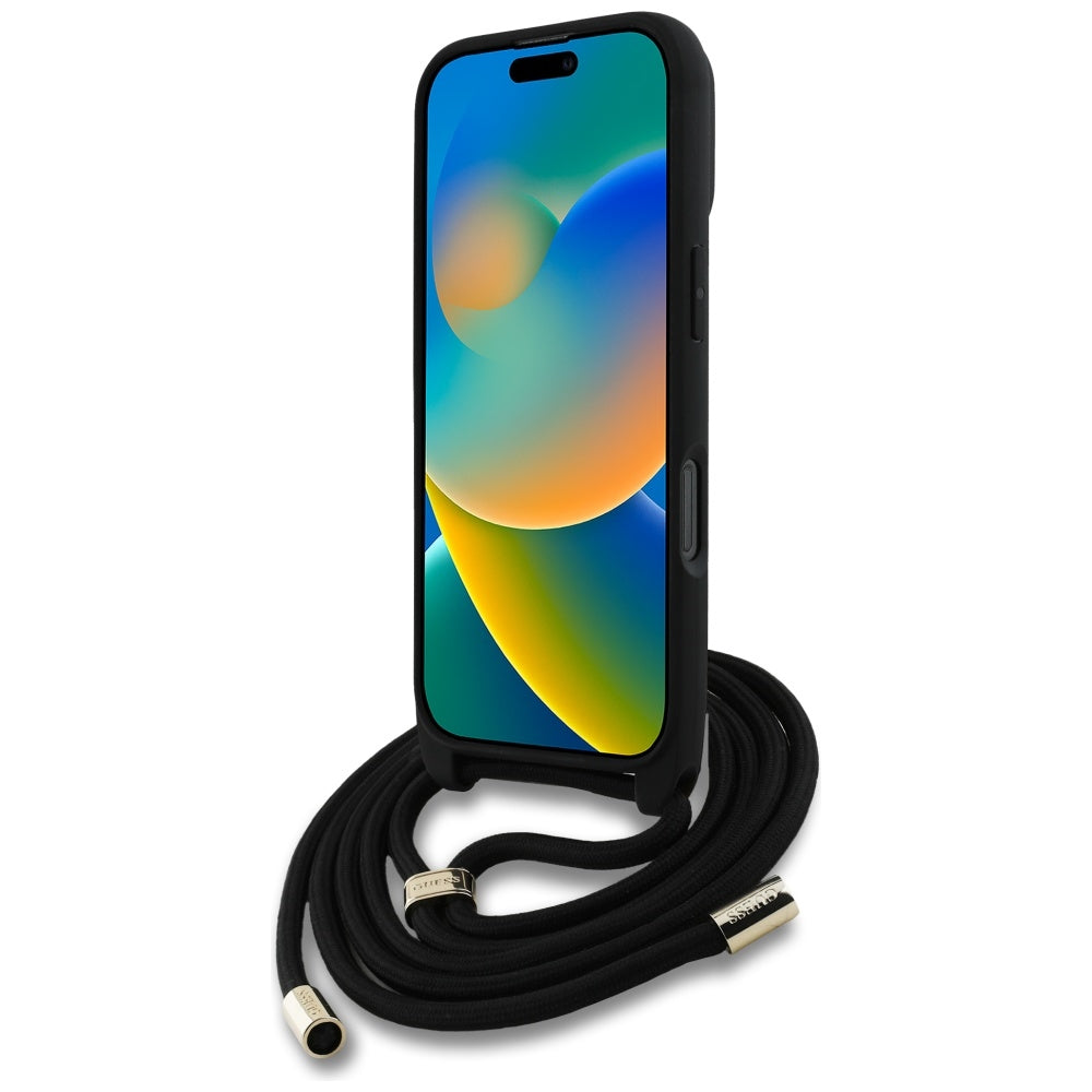 Θήκη για Apple iPhone 16 Pro, Guess, 4G CBDY Big Logo with Cord Strap, Μαύρη