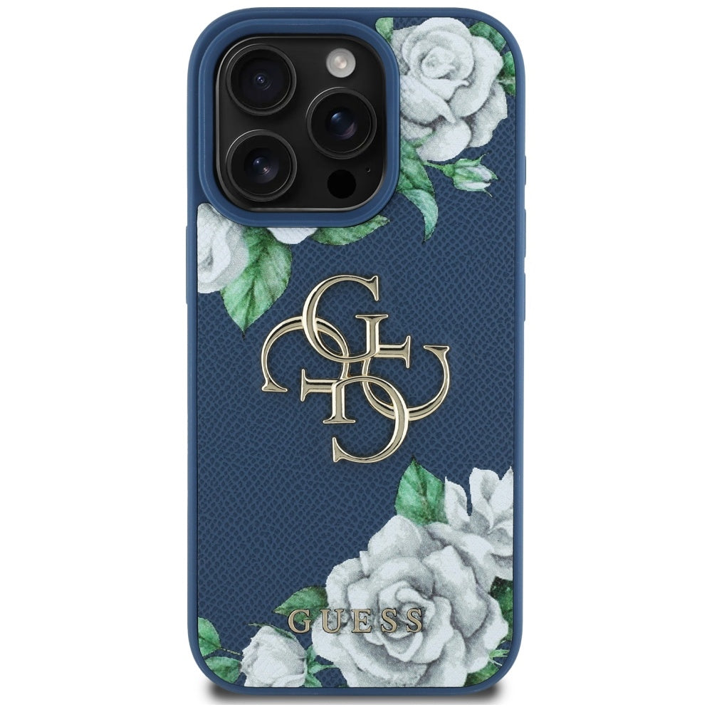 Case for Apple iPhone 16 Pro, Guess, 4G Grained Roses Big Logo, Blue