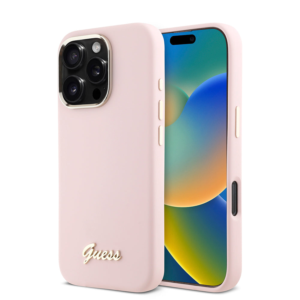 Θήκη για Apple iPhone 16 Pro, Guess, Script Metal Logo & Frame, Ροζ
