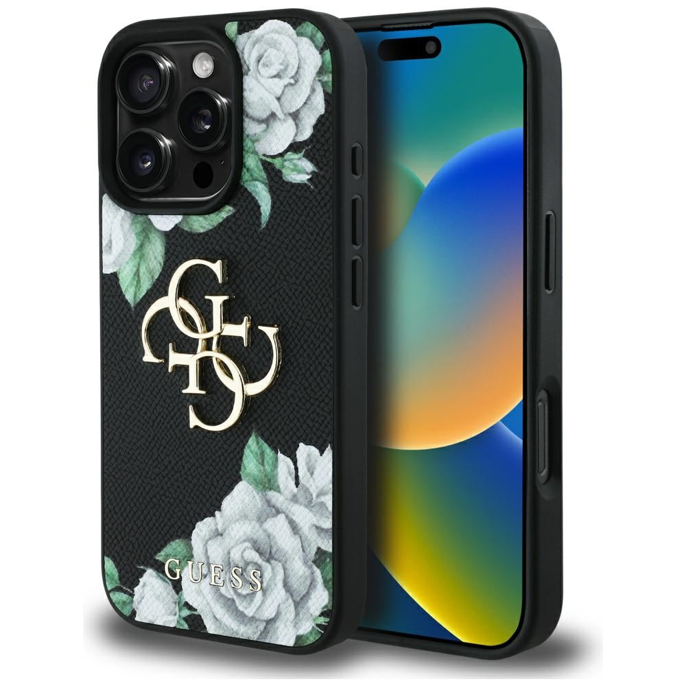 Θήκη για Apple iPhone 16 Pro Max, Guess, 4G Grained Roses Big Logo, Μαύρη