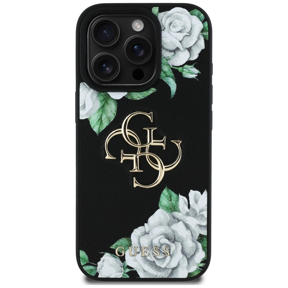 Θήκη για Apple iPhone 16 Pro Max, Guess, 4G Grained Roses Big Logo, Μαύρη