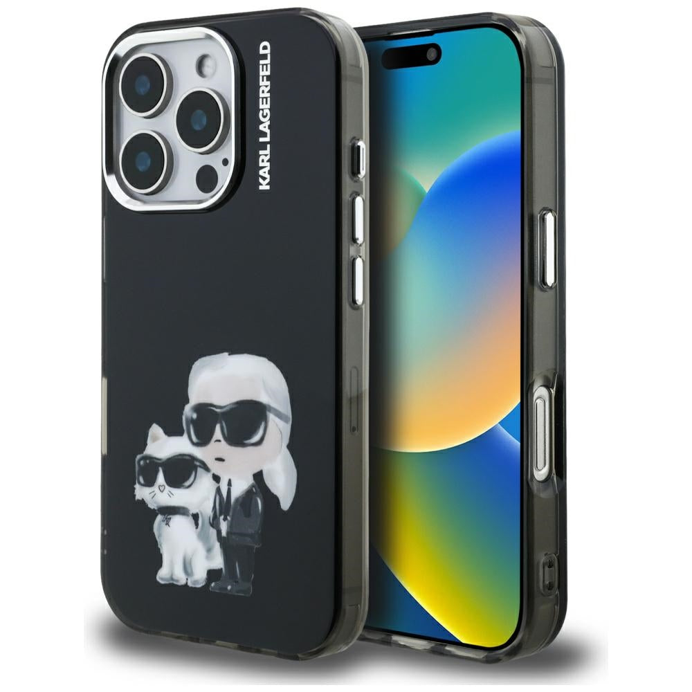 Θήκη για Apple iPhone 16 Pro Max, Karl Lagerfeld, IML Aquarelle Logo Karl & Choupette, Μαύρη