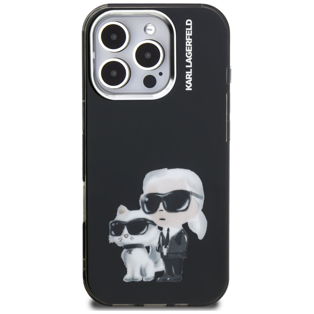 Θήκη για Apple iPhone 16 Pro Max, Karl Lagerfeld, IML Aquarelle Logo Karl & Choupette, Μαύρη