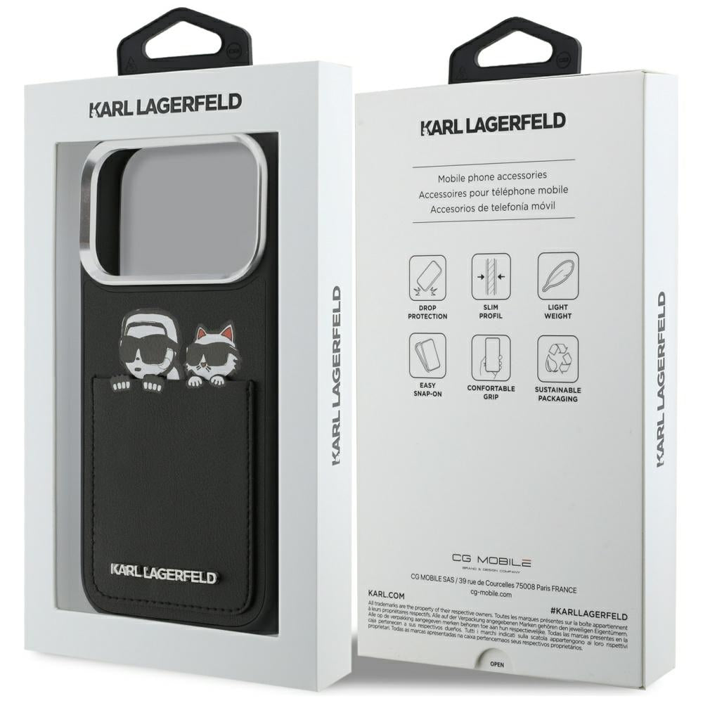 Θήκη για Apple iPhone 17 Pro Max, Karl Lagerfeld, Karl & Choupette Εκτύπωση με Τσέπη, Μαύρη