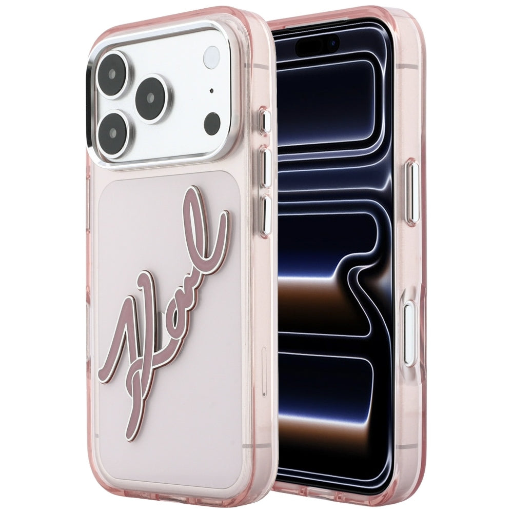 Θήκη για Apple iPhone 18 Pro / 17 Pro, Karl Lagerfeld, IML Big Signature Resin Logo και Μεταλλικό Πλαίσιο, Ροζ