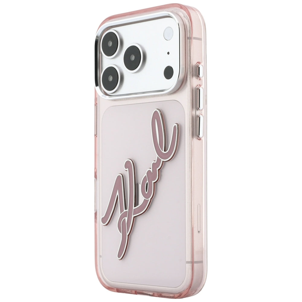 Θήκη για Apple iPhone 18 Pro / 17 Pro, Karl Lagerfeld, IML Big Signature Resin Logo και Μεταλλικό Πλαίσιο, Ροζ