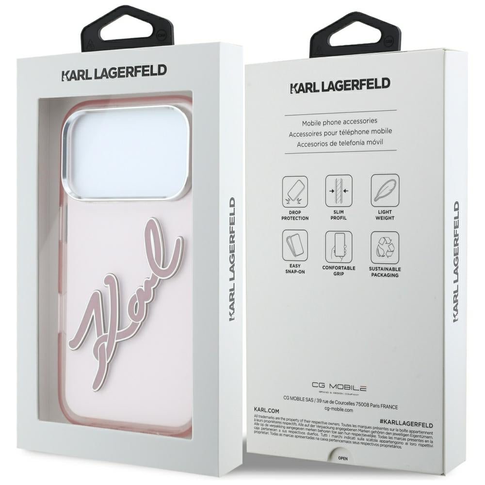 Θήκη για Apple iPhone 18 Pro / 17 Pro, Karl Lagerfeld, IML Big Signature Resin Logo και Μεταλλικό Πλαίσιο, Ροζ