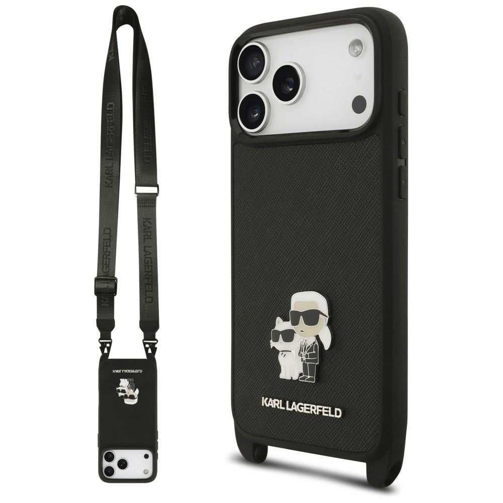 Θήκη για Apple iPhone 18 Pro / 17 Pro, Karl Lagerfeld, Saffiano Crossbody Metal Pin Karl & Choupette, Μαύρη