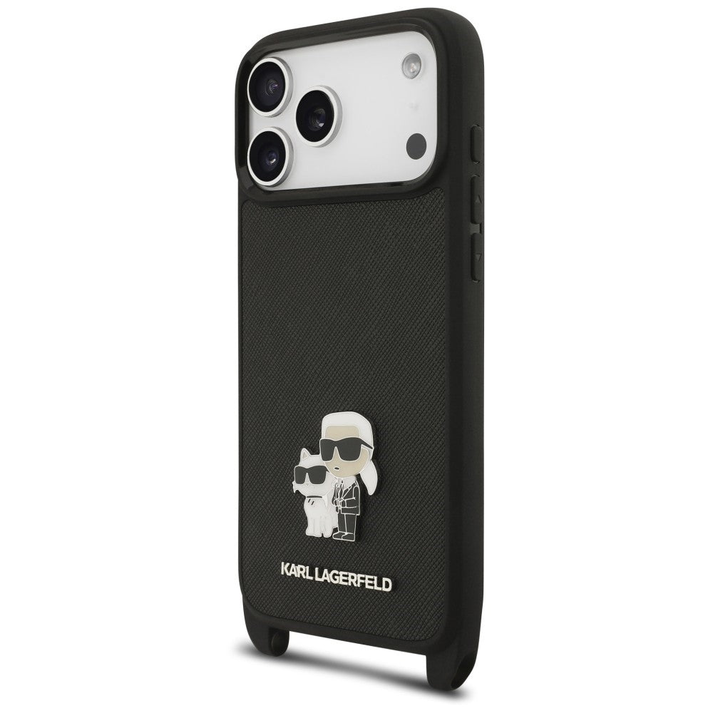 Θήκη για Apple iPhone 18 Pro / 17 Pro, Karl Lagerfeld, Saffiano Crossbody Metal Pin Karl & Choupette, Μαύρη