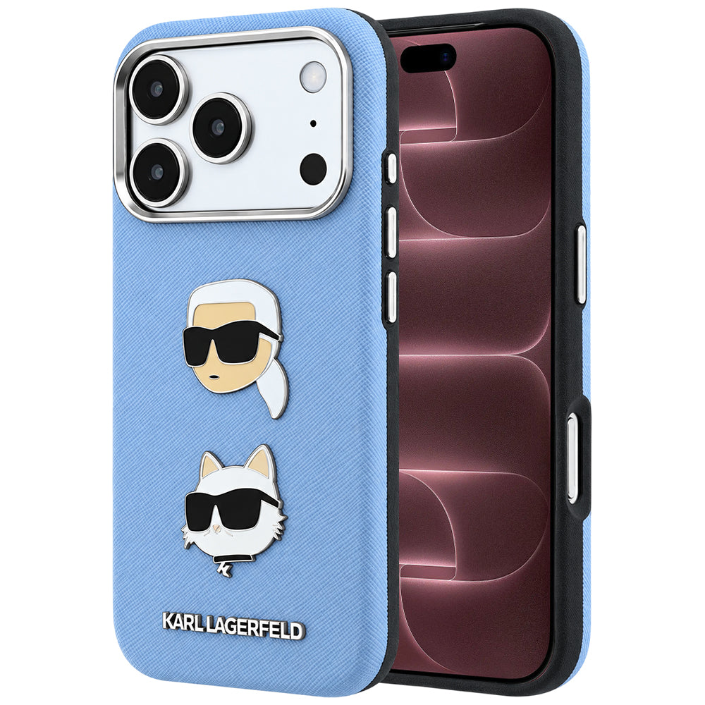 Case for Apple iPhone 18 Pro Max / 17 Pro Max, Karl Lagerfeld, Saffiano with Karl & Choupette Head's Pin and Logo, Blue