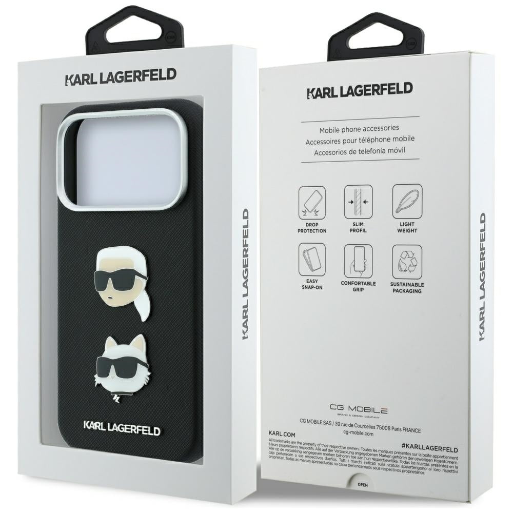 Θήκη για Apple iPhone 18 Pro Max / 17 Pro Max, Karl Lagerfeld, Saffiano με καρφίτσα κεφαλής Karl & Choupette και λογότυπο, Μαύρη